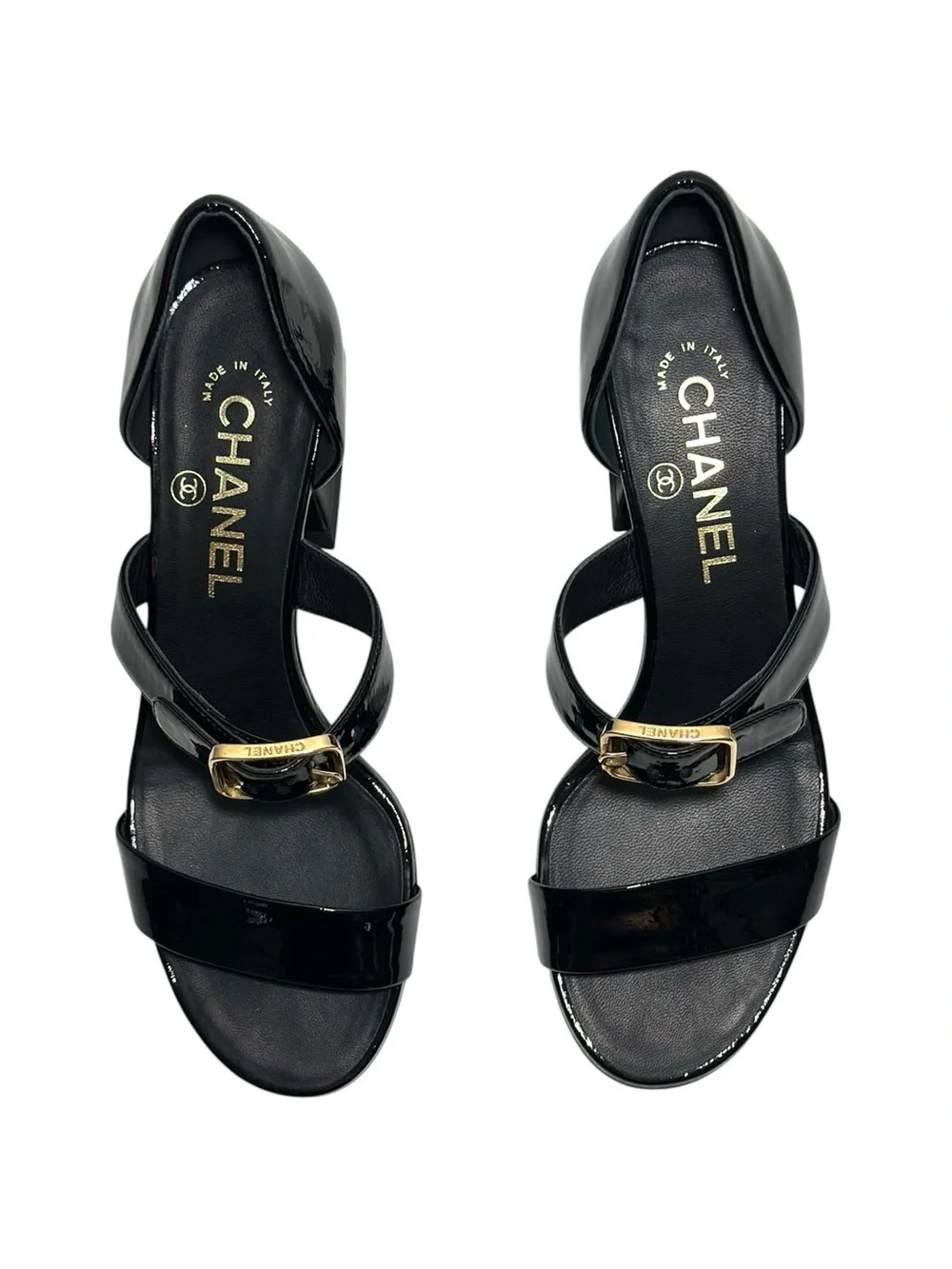 CHANEL Black Patent Goatskin 2022 22S Curved Block Heel Sandal size 36 Authentic